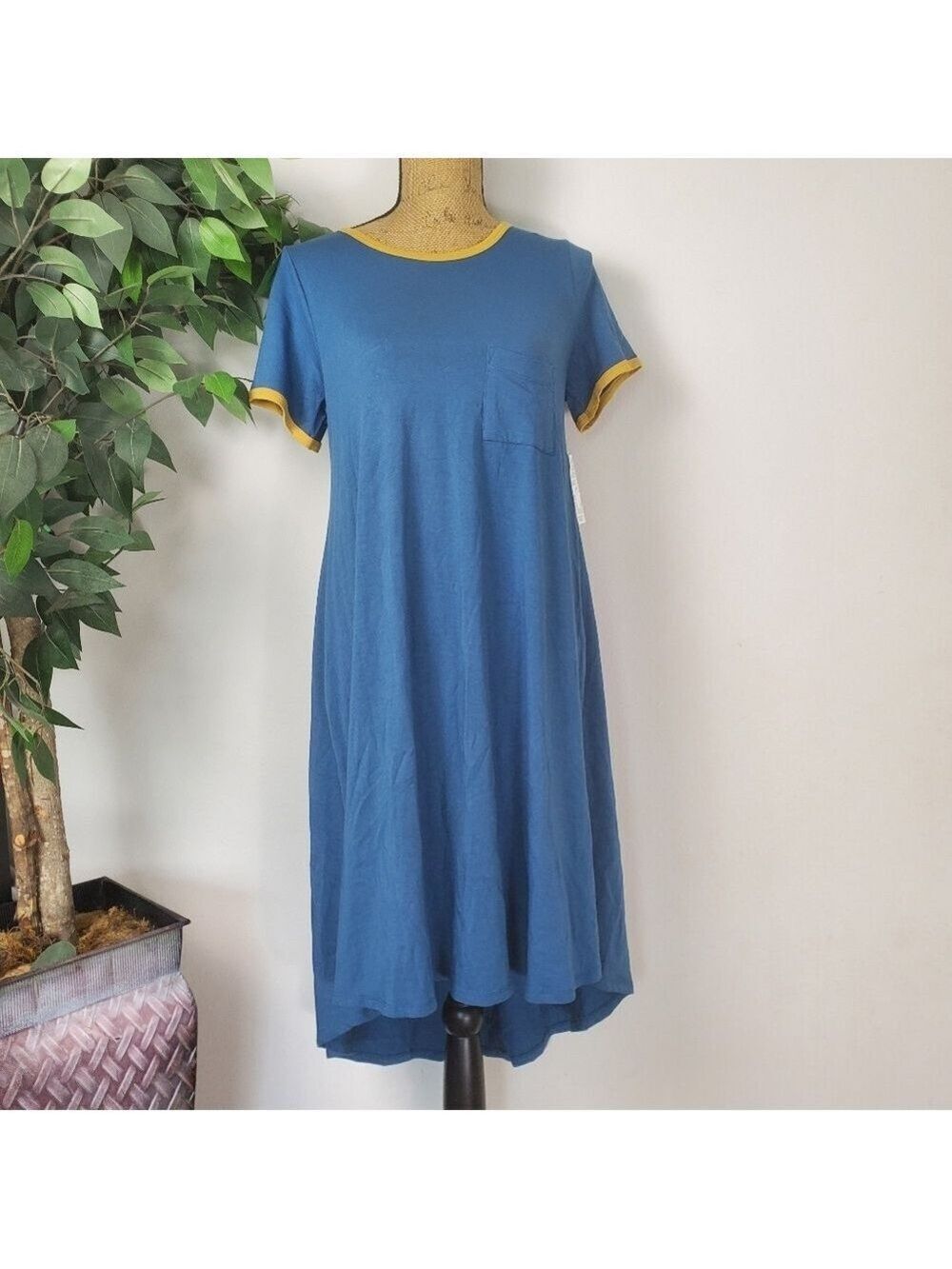 New Lularoe Carly Dress Size Small Womens Blue with Yellow Trim